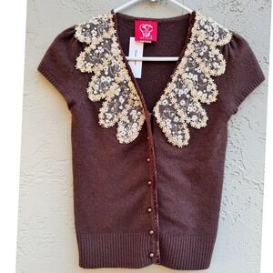 Yen Club Womens NEW Brown Beaded Lace Velvet Cottagecore Whimsigoth Cardigan